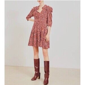 SUNCOO Paris Cesaria Dress Rust Floral Leaf Print Tiered Skirt Size T1 Small EC